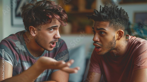 Young Gay LGBTQ couple having relationship difficulties and arguing at home. Stock Photo photography