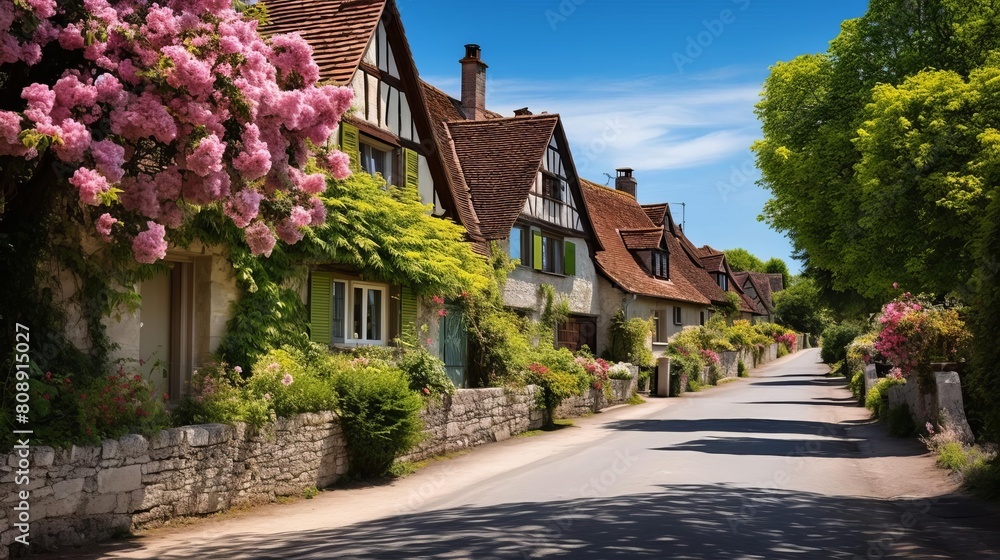 Charming village background showcasing a row of vibrant and colorful country houses, ideal for a spring or summer setting, filled with blooming flowers and green landscapes