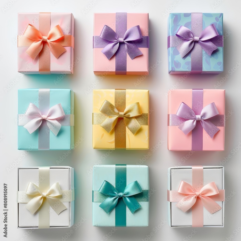 collection of colorful gift boxes with ribbons and bows, including pink, blue, yellow, and white boxes, arranged on a transparent background with a pink bow in the foreground collection of colorful gift boxes with ribbons and bows, including pink, blue, yellow, and white boxes, arranged on a transparent background with a pink bow in the foreground