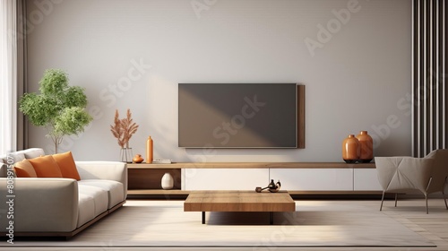 Chic and functional living room with an LCD TV and complementary speakers  arranged for optimal sound and viewing  blending seamlessly with the room s modern decor