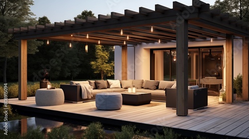 Photo of a modern outdoor patio with wooden pergola and comfortable seating.