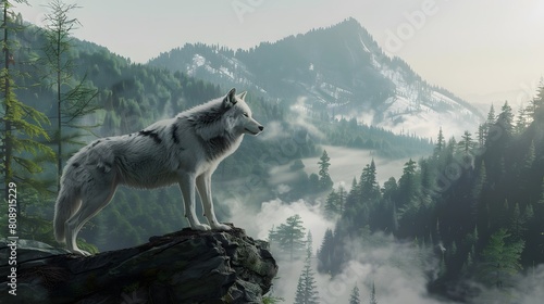 8K wallpaper of a wolf gazing intently from a rocky outcrop  with dense pine forests stretching out to the misty mountains behind