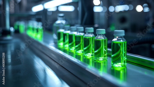 Green vials on the production line in an industrial factory, green liquid inside the vials, illuminated by soft lighting, shot with a Sony Alpha A7 III for high resolution and depth of field, a modern