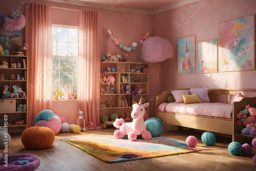 Kid soft animal toy pink unicorn lies in child room