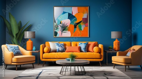 Chic and stylish lounge area adorned with vibrant colored frames on a bold accent wall  infusing the space with energy and a modern artistic flair