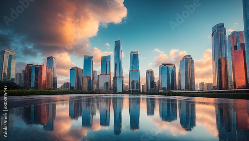 Skyscrapers with reflective surfaces capturing the surrounding skyline and clouds