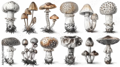 Colorful hand drawn illustrations of edible mushrooms, including boletus, charcoal, shiitake, chanterelle. photo