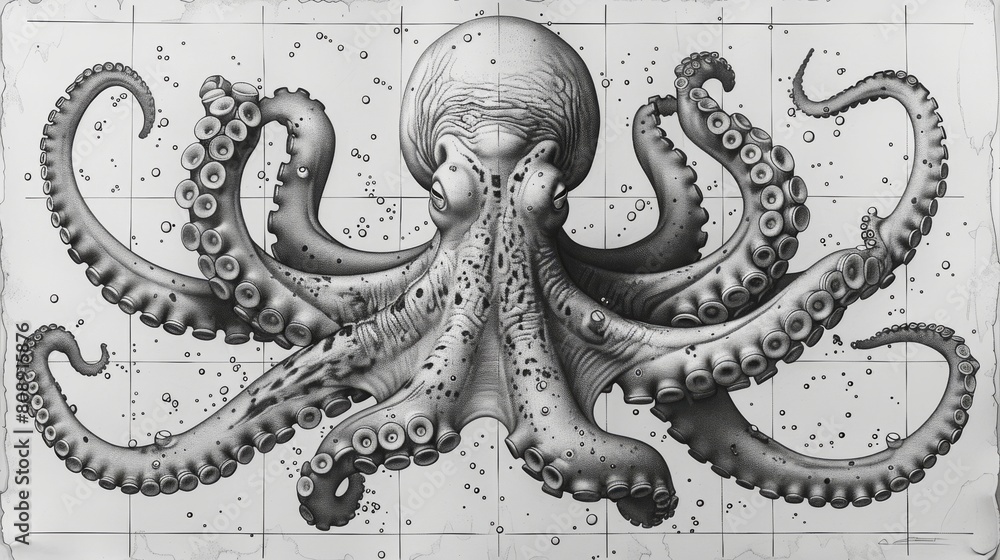 Graphite modern illustration of an Octopus or Kraken with contour lines ...
