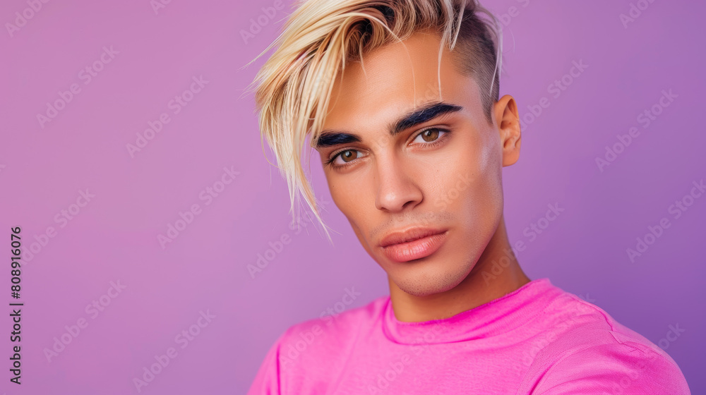 Young blond cool fun latin gay man 20s with make up wearing fashionable bright pink top look camera isolated on plain pastel purple background studio portrait. People lifestyle fashion lgbtq concept S