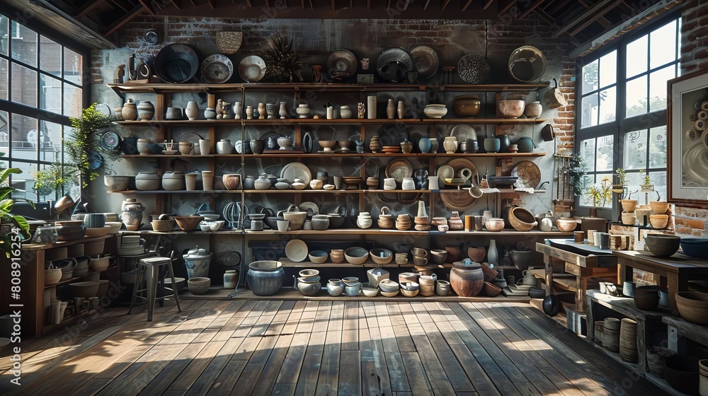 Visualize a panoramic view of a rustic pottery studio at dawn