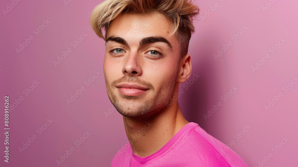 Young blond cool fun latin gay man 20s with make up wearing fashionable bright pink top look camera isolated on plain pastel purple background studio portrait. People lifestyle fashion lgbtq concept S Young blond cool fun latin gay man 20s with make up wearing fashionable bright pink top look camera isolated on plain pastel purple background studio portrait. People lifestyle fashion lgbtq concept S