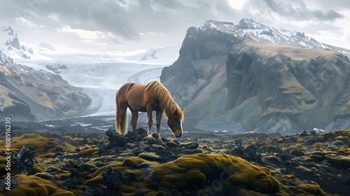 8K wallpaper of an Icelandic horse standing on a moss-covered volcanic plain, with glaciers and rugged peaks stretching into the horizon photo