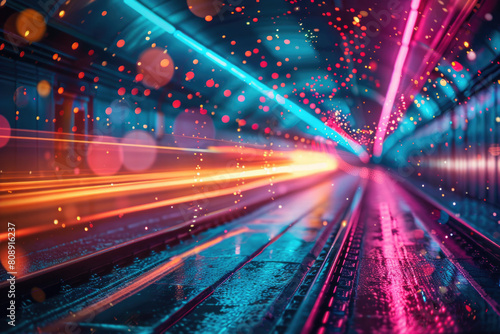 Abstract background with neon sparkle lines and defocused lights in blue  orange and purple color 
