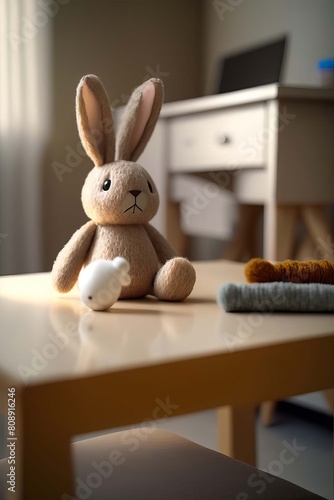 table with a plush toy hare in the baby room. Generative AI, © Milena