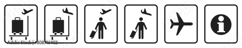 Collection of vector icons signposts for airports landing boarding with luggage air terminal gates check-in arrival observation deck
information service center photo