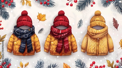Knitted winter clothes seamless pattern against a light background. Illustration for wrapping paper, fabric print with woolen accessories. photo