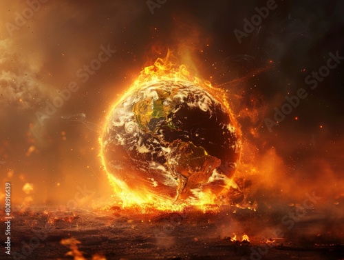 Graphic illustration of Earth being engulfed in flames, symbolizing the impact of climate change.