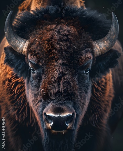 A close-up portrait of an American bison, its focused eyes looking at the camera,