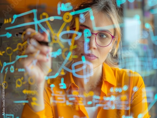 Focused young woman analyzing complex data visualizations drawn on a glass wall, highlighting innovation and strategic thinking in technology.