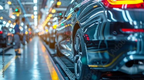 Production line in an automobile factory showing a series of shiny new cars, highlighting advanced manufacturing and automotive engineering. © Moopingz