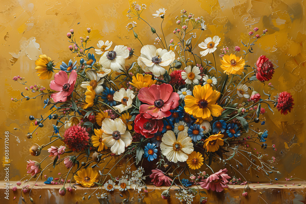 Floral Array Against Yellow Wall. A vibrant selection of flowers in full bloom, set before a bold yellow background.