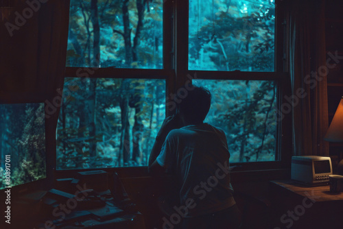 Man Looking Out a Window at a Dense Forest at Night