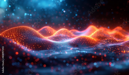 Abstract digital background with colorful glowing lines forming waves and hills  representing data visualization in the style of technology or science. Colorful gradient lines and glowing dots.