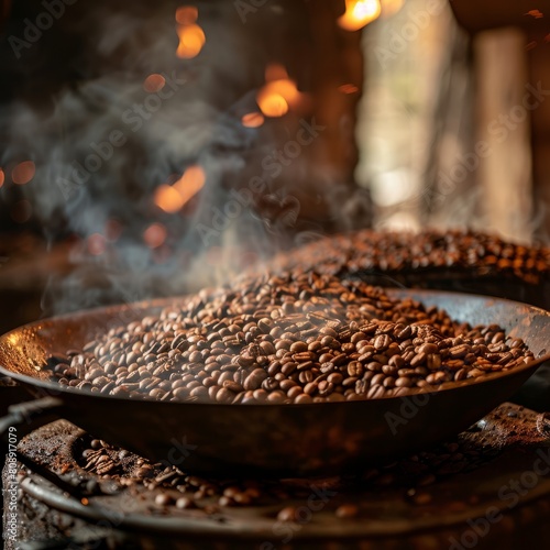 Artisan roasting coffee beans in a large pan over an open flame, capturing the process of coffee preparation with smoke and glowing embers.
