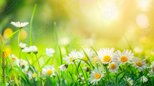 A field of white daisies with a bright green background. The daisies are scattered throughout the field, with some closer to the foreground and others further back. The bright green grass