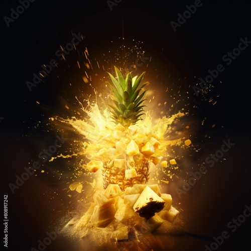 A pineapple grenade detonates, sending pieces of fruit flying in all directions photo