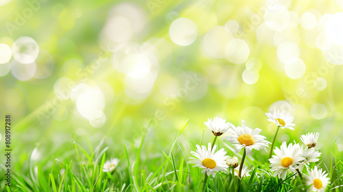 A field of white daisies with a bright green background. The daisies are scattered throughout the field  with some closer to the foreground and others further back. The bright green grass