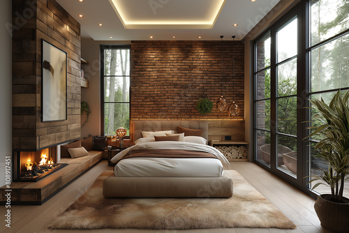 Cozy bedroom interior in modern wooden house with brick wall.