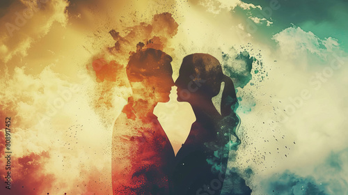 Artistic silhouette of a couple kissing against a vibrant sky