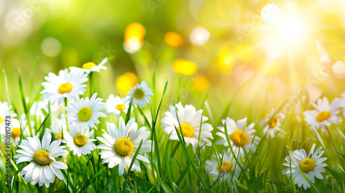 A field of white daisies with a bright green background. The daisies are scattered throughout the field  with some closer to the foreground and others further back. The bright green grass