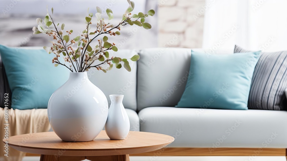 Chic modern home living room with a focus on a blue ceramic vase placed on a wooden round table, near a white sofa enhanced with blue accent pillows Chic modern home living room with a focus on a blue ceramic vase placed on a wooden round table, near a white sofa enhanced with blue accent pillows