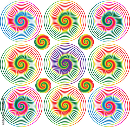 A set of multicolored radial hypnotic spirals on a transparent background