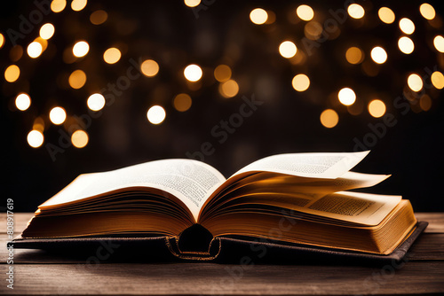 Magic Book With Open Antique Pages And Abstract Bokeh Lights Glowing In Dark Background Literature And Education Concept