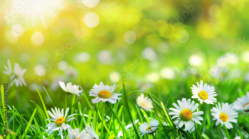 A field of white daisies with a bright green background. The daisies are scattered throughout the field  with some closer to the foreground and others further back. The bright green grass