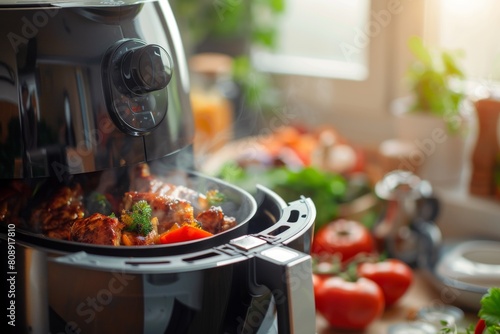 Air fryer being used to prepare a quick and healthy dinner photo