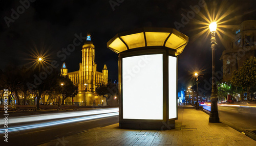 night shot of a luminous advertising lightbox or display at a bus stop in barcelona spain