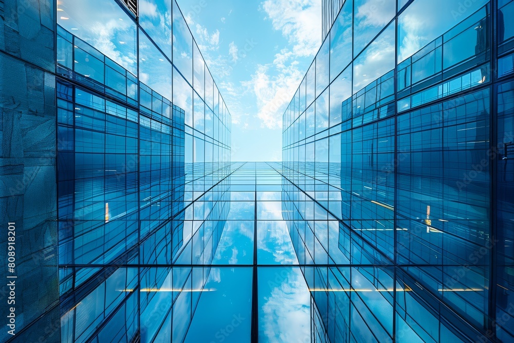 Vertical perspective of towering blue glass skyscrapers converging into the sky, reflecting sunlight