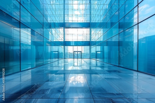 Inside view of a reflective glass building  showcasing transparency and intricate architectural lines