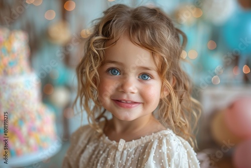 A joyful young girl with curly blonde hair smiles brightly, hinting at happiness and childhood enthusiasm © Larisa AI