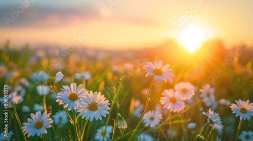 Beautiful Sunset View Through a Field of Daisies