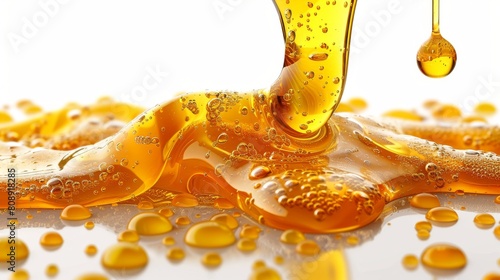Honey trickle, thin stream pouring into yellow liquid syrup puddle. Maple and caramel sauce falling, flowing, running down in gold fluid. Flat graphic modern illustration isolated on white. photo