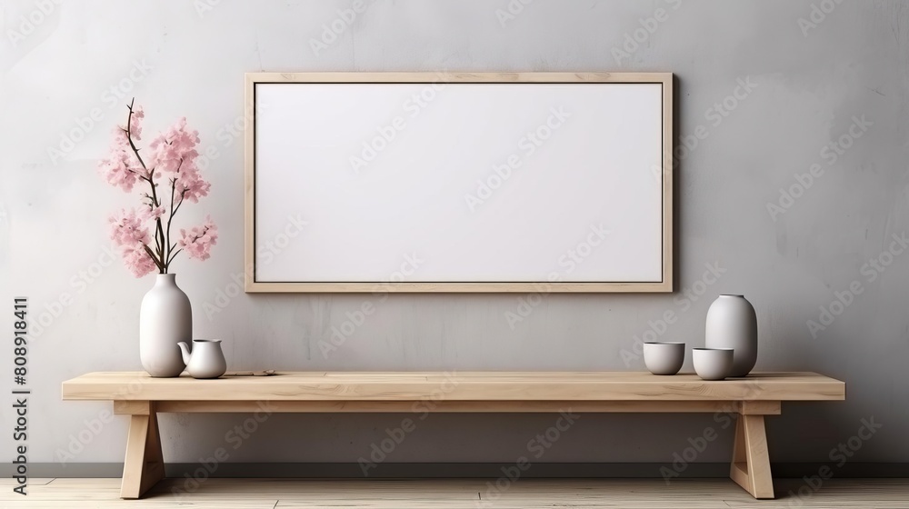 Conceptual interior showcasing three blank frames on a wall, complemented by a bench with decorative vases and subtle sunlight shadows for a realistic mockup