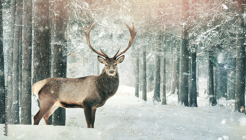 Noble deer male in winter snow forest. Artistic winter christmas landscape. © netsay