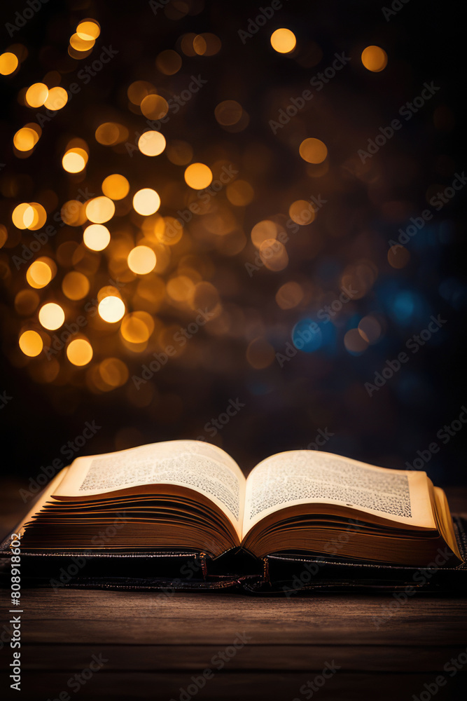 Magic Book With Open Antique Pages And Abstract Bokeh Lights Glowing In Dark Background Literature And Education Concept Magic Book With Open Antique Pages And Abstract Bokeh Lights Glowing In Dark Background Literature And Education Concept