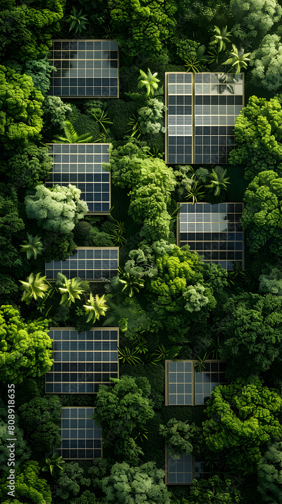 Renewable Energy Integration: Photo-Realistic Solar Farm Icon with Trees Concept