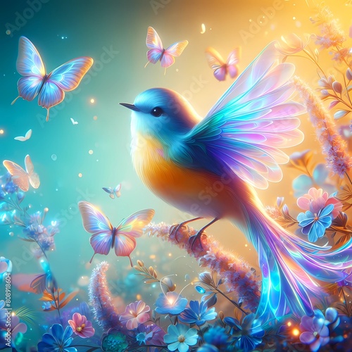 Fantasy bluish little bird with spreaded opened wings surrounded by butterflies